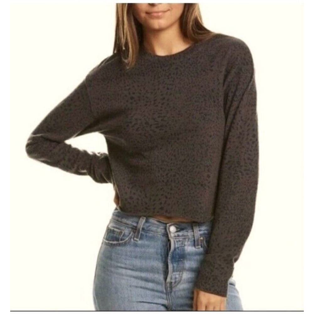 Monrow Cheetah Mini Boyfriend Crop Sweatshirt Small